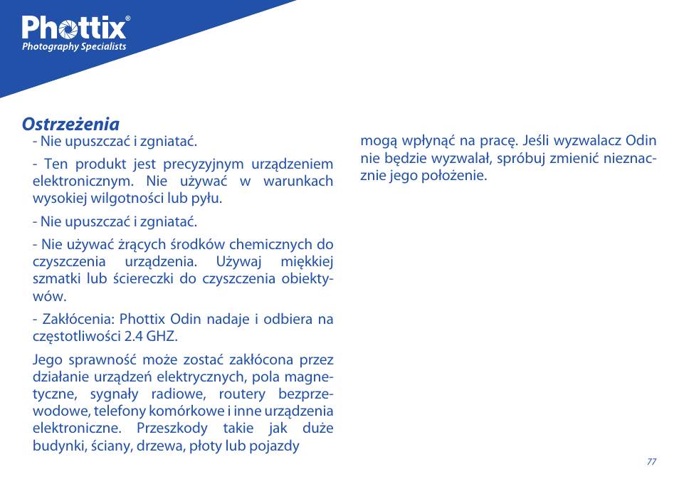Ostrzeżenia | Phottix Odin for Nikon User Manual | Page 77 / 120