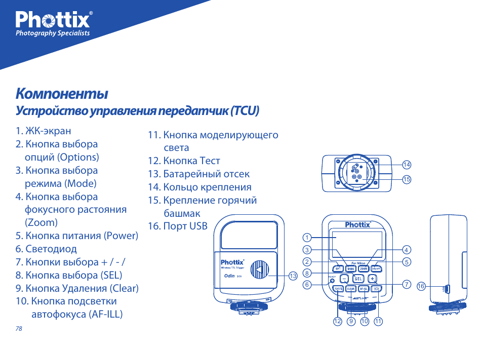 Компоненты, Устройство управления передатчик (tcu) | Phottix Odin for Nikon User Manual | Page 78 / 120
