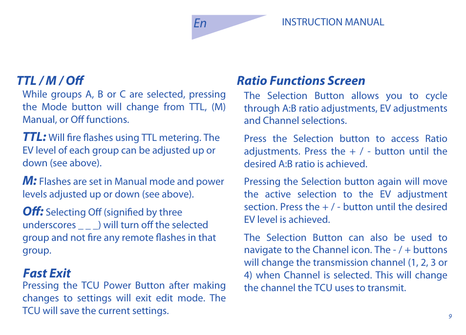 Ttl / m / off ratio functions screen, Fast exit | Phottix Odin for Nikon User Manual | Page 9 / 120
