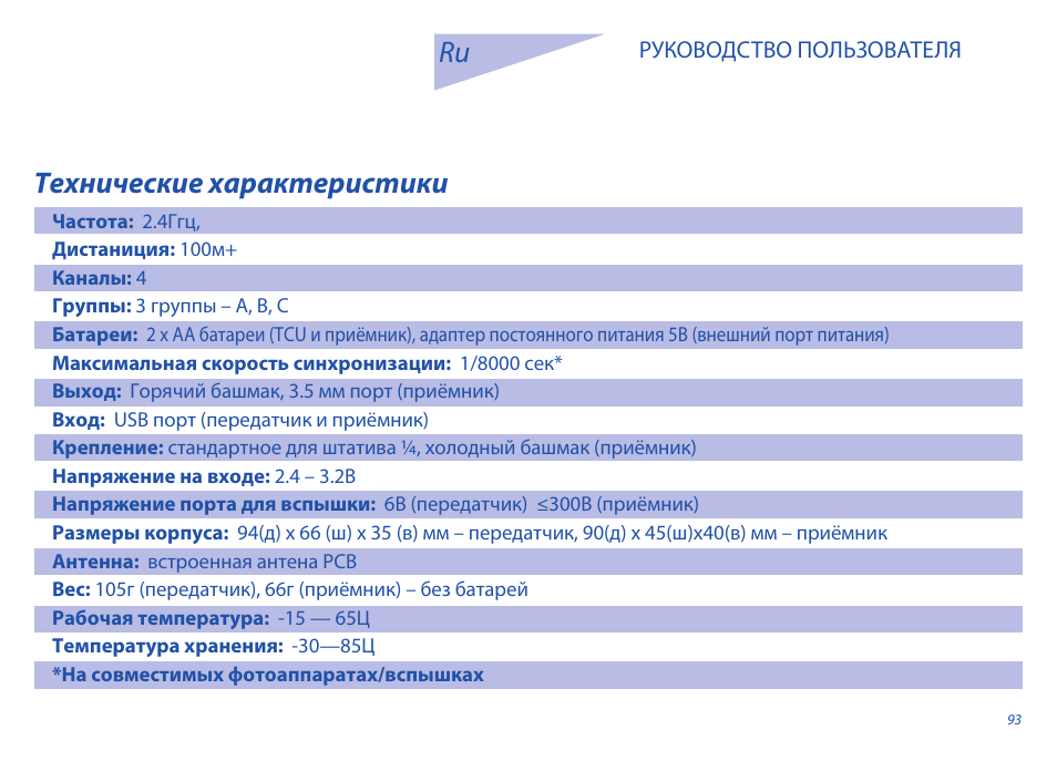 Технические характеристики | Phottix Odin for Nikon User Manual | Page 93 / 120