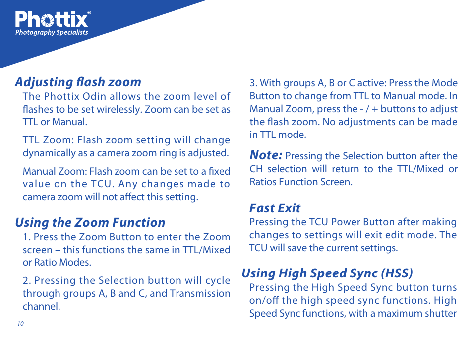 Adjusting flash zoom, Using the zoom function, Fast exit | Using high speed sync (hss) | Phottix Odin for Sony User Manual | Page 10 / 118