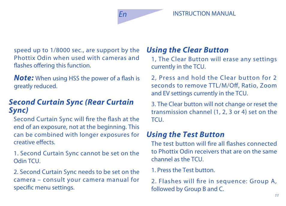 Second curtain sync (rear curtain sync), Using the clear button, Using the test button | Phottix Odin for Sony User Manual | Page 11 / 118