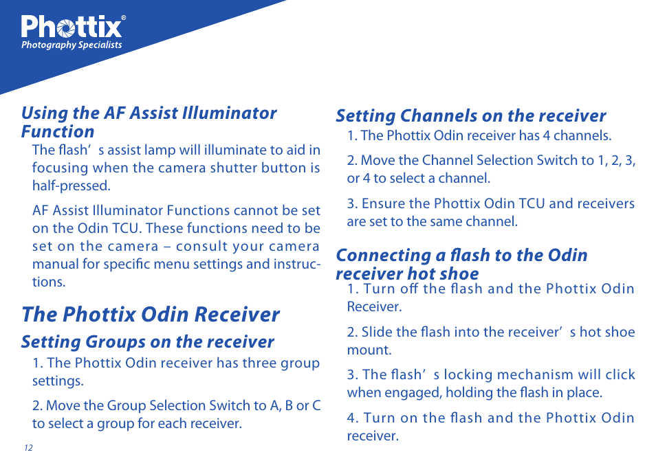 The phottix odin receiver, Setting channels on the receiver, Connecting a flash to the odin receiver hot shoe | Phottix Odin for Sony User Manual | Page 12 / 118