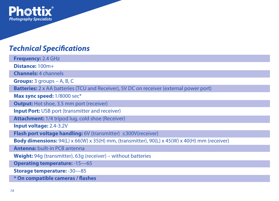 Technical specifications | Phottix Odin for Sony User Manual | Page 14 / 118