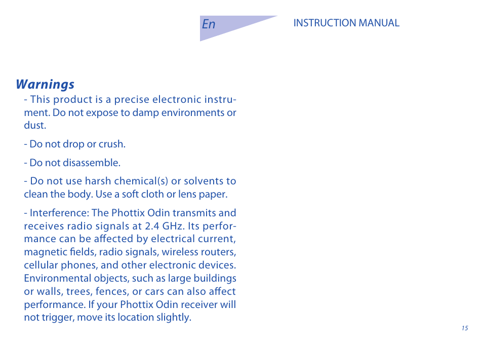 Warnings | Phottix Odin for Sony User Manual | Page 15 / 118
