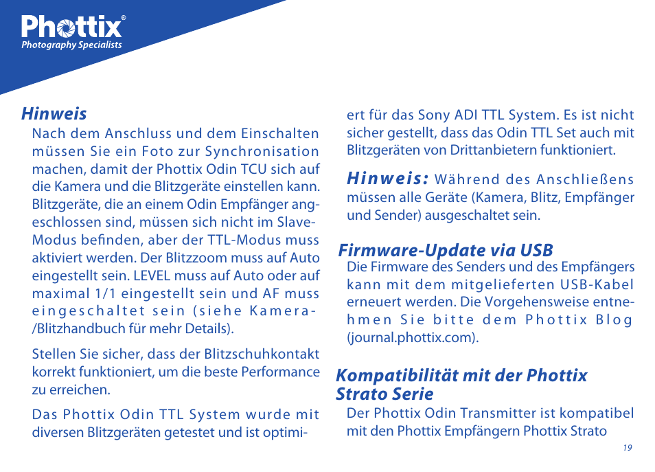 Hinweis, Kompatibilität mit der phottix strato serie, Firmware-update via usb | Phottix Odin for Sony User Manual | Page 19 / 118
