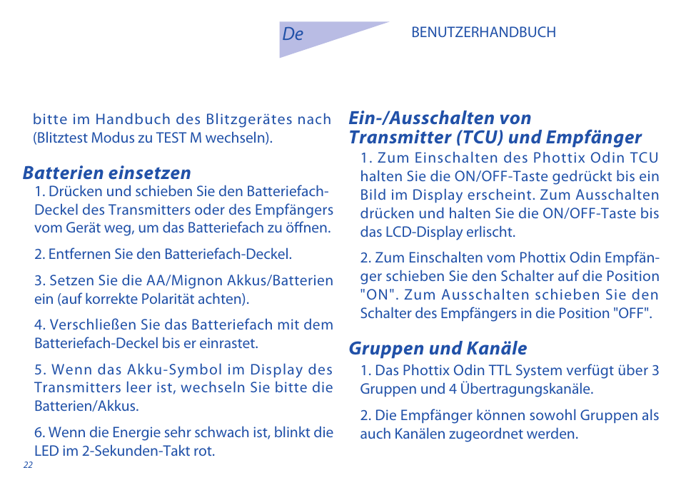 Batterien einsetzen, Gruppen und kanäle | Phottix Odin for Sony User Manual | Page 22 / 118
