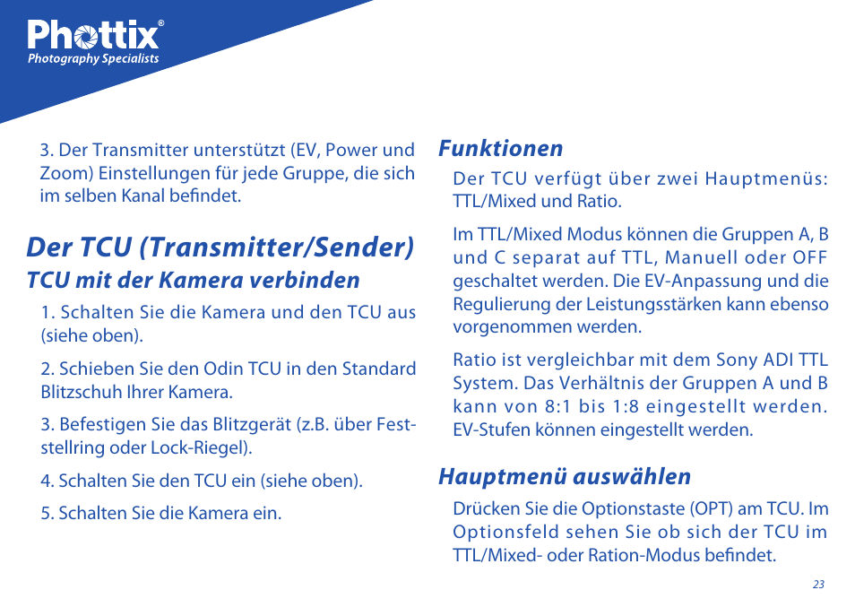 Der tcu (transmitter/sender), Tcu mit der kamera verbinden, Funktionen | Hauptmenü auswählen | Phottix Odin for Sony User Manual | Page 23 / 118