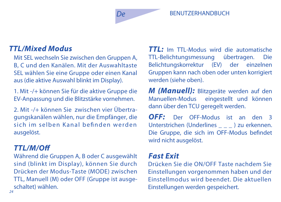 Ttl/mixed modus, Fast exit, Ttl/m/off | Manuell) | Phottix Odin for Sony User Manual | Page 24 / 118