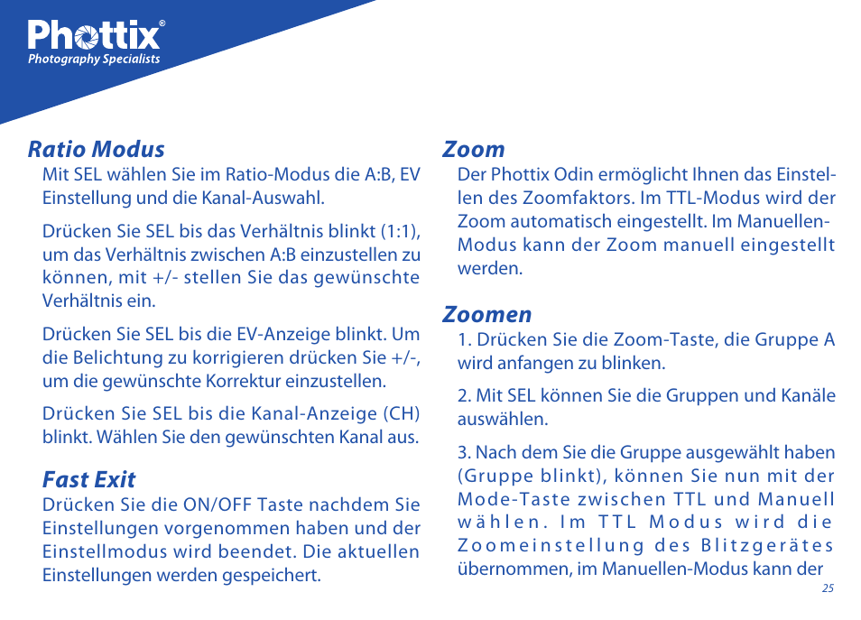 Ratio modus, Zoom, Zoomen | Fast exit | Phottix Odin for Sony User Manual | Page 25 / 118
