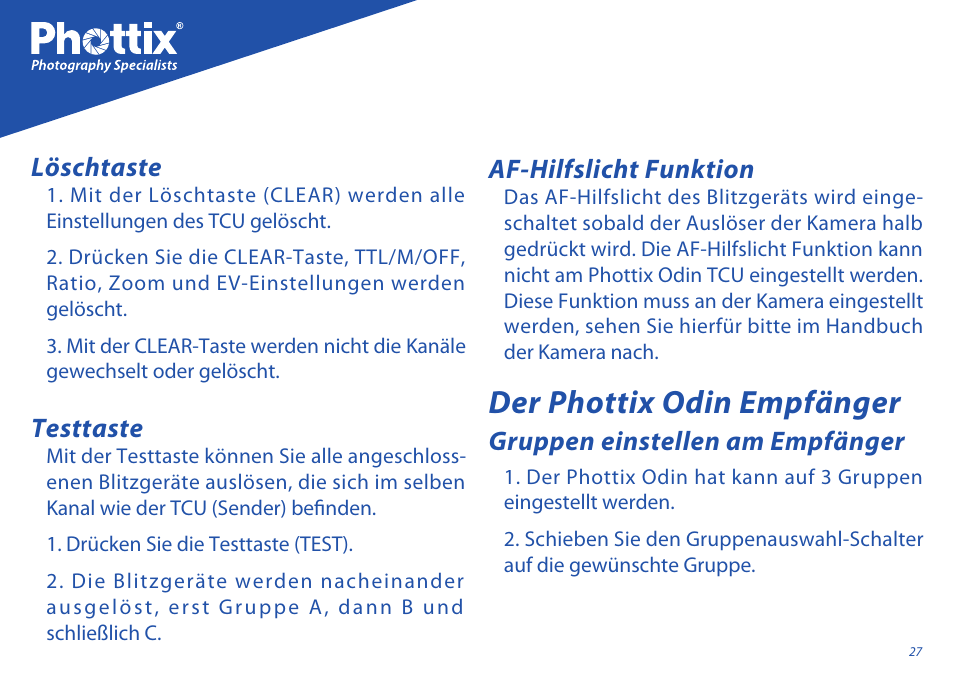 Der phottix odin empfänger, Löschtaste, Af-hilfslicht funktion | Gruppen einstellen am empfänger, Testtaste | Phottix Odin for Sony User Manual | Page 27 / 118
