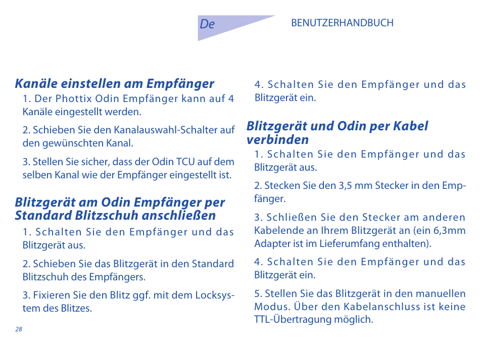 Kanäle einstellen am empfänger, Blitzgerät und odin per kabel verbinden | Phottix Odin for Sony User Manual | Page 28 / 118