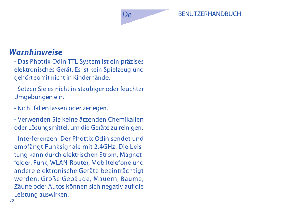 Warnhinweise de | Phottix Odin for Sony User Manual | Page 30 / 118