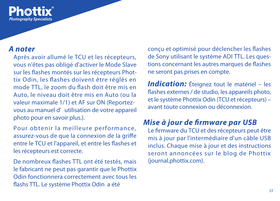 Mise à jour de firmware par usb, Indication | Phottix Odin for Sony User Manual | Page 33 / 118