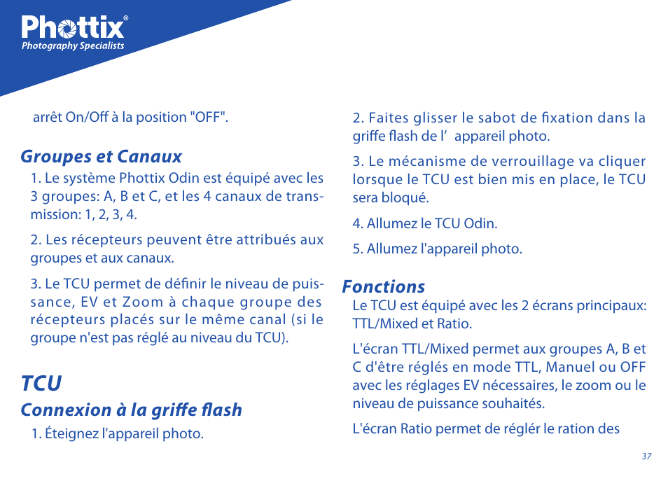Groupes et canaux connexion à la griffe flash, Fonctions | Phottix Odin for Sony User Manual | Page 37 / 118