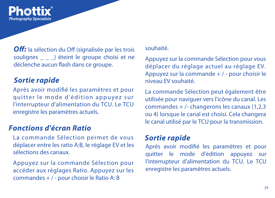 Sortie rapide, Fonctions d'écran ratio | Phottix Odin for Sony User Manual | Page 39 / 118