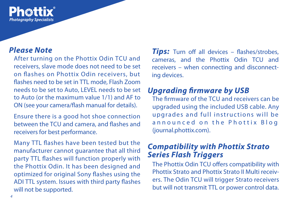 Tips, Upgrading firmware by usb | Phottix Odin for Sony User Manual | Page 4 / 118