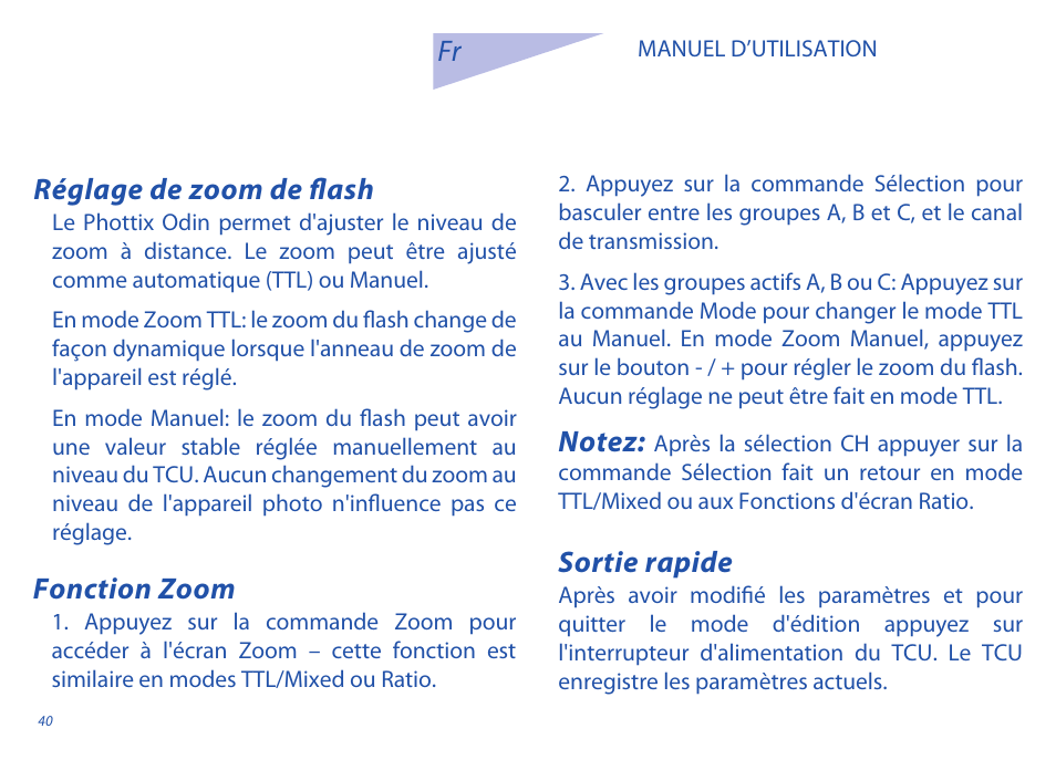 Fonction zoom, Sortie rapide, Réglage de zoom de flash fr | Phottix Odin for Sony User Manual | Page 40 / 118