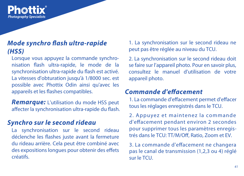Synchro sur le second rideau, Commande d'effacement, Remarque | Mode synchro flash ultra-rapide (hss) | Phottix Odin for Sony User Manual | Page 41 / 118