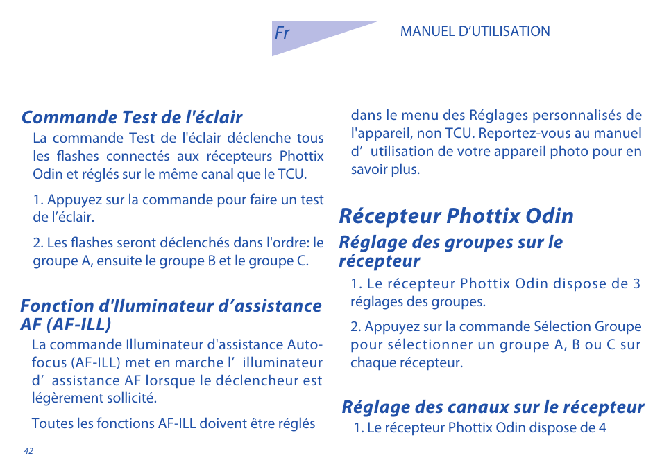 Récepteur phottix odin, Commande test de l'éclair, Réglage des canaux sur le récepteur | Fonction d'iluminateur d’assistance af (af-ill), Réglage des groupes sur le récepteur fr | Phottix Odin for Sony User Manual | Page 42 / 118