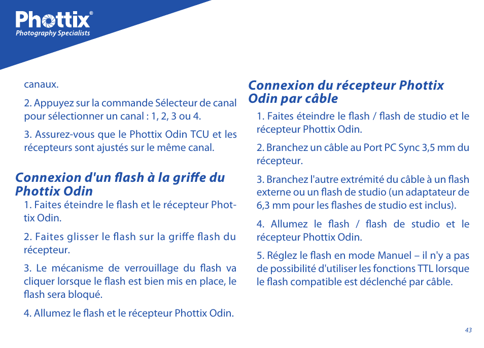 Connexion du récepteur phottix odin par câble, Connexion d'un flash à la griffe du phottix odin | Phottix Odin for Sony User Manual | Page 43 / 118