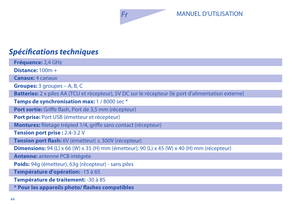 Spécifications techniques | Phottix Odin for Sony User Manual | Page 44 / 118