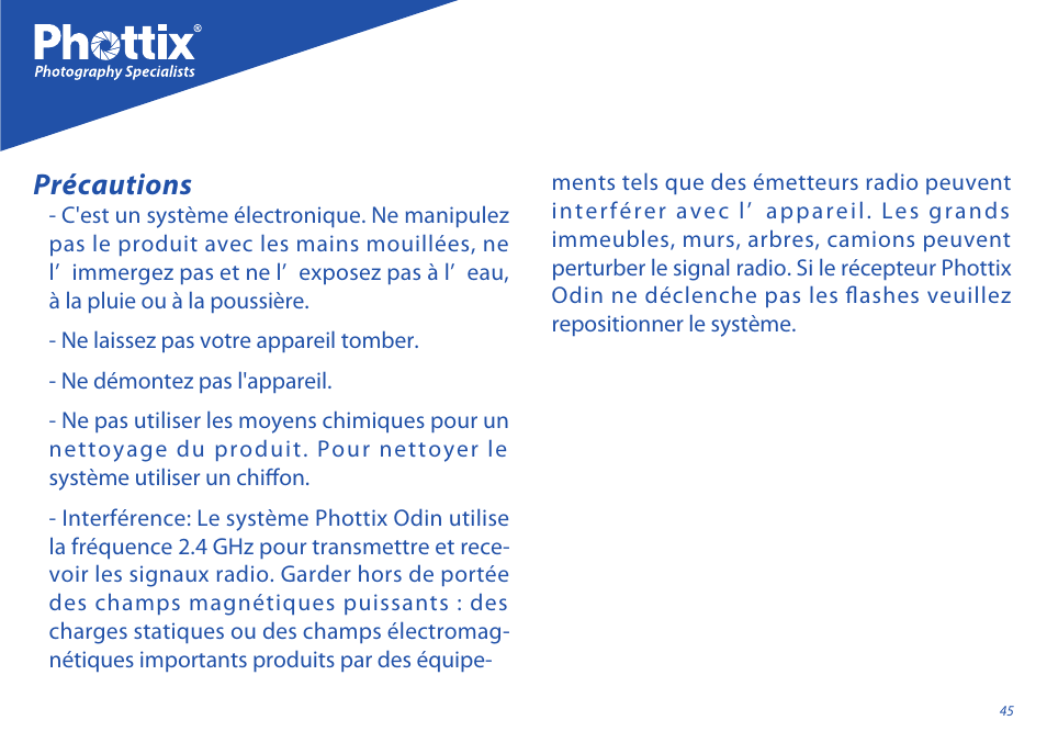 Précautions | Phottix Odin for Sony User Manual | Page 45 / 118