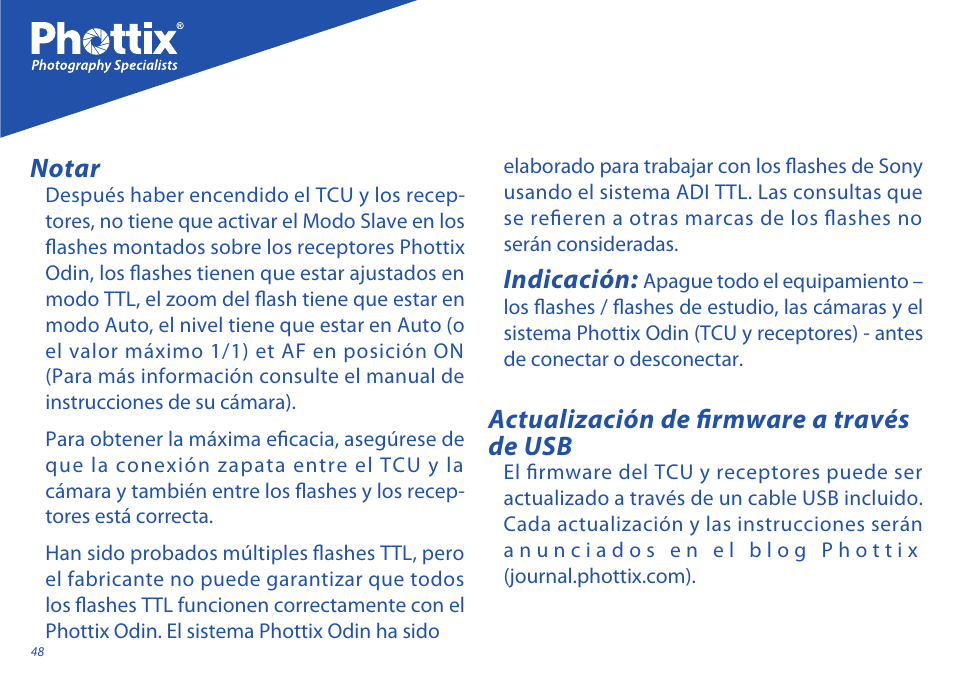 Notar actualización de firmware a través de usb, Indicación | Phottix Odin for Sony User Manual | Page 48 / 118