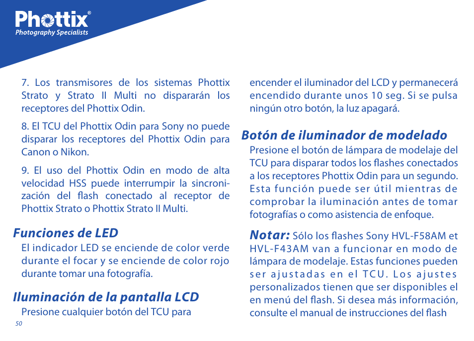 Funciones de led, Notar, Botón de iluminador de modelado | Iluminación de la pantalla lcd | Phottix Odin for Sony User Manual | Page 50 / 118