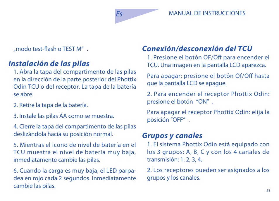Conexión/desconexión del tcu, Grupos y canales, Instalación de las pilas es | Phottix Odin for Sony User Manual | Page 51 / 118
