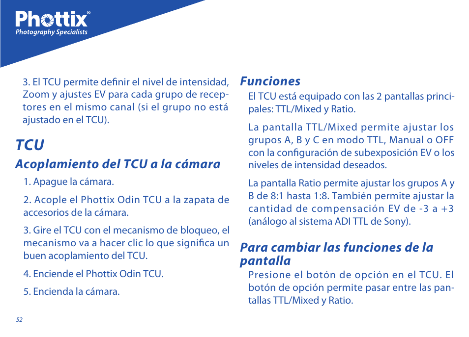 Acoplamiento del tcu a la cámara, Funciones, Para cambiar las funciones de la pantalla | Phottix Odin for Sony User Manual | Page 52 / 118