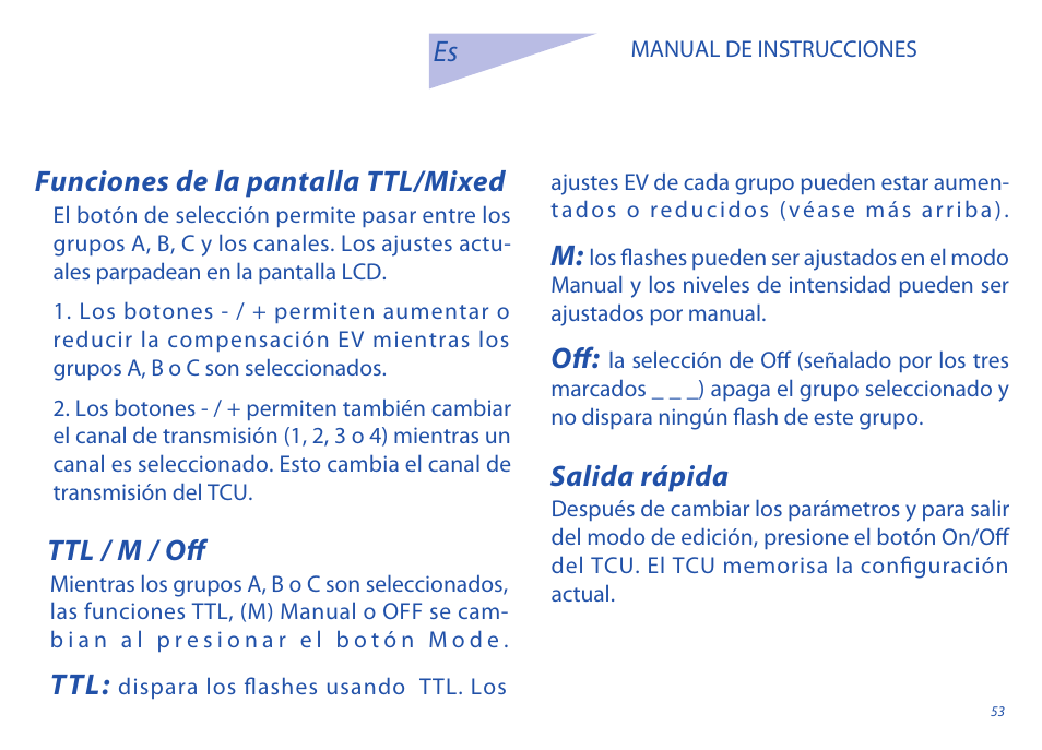 Funciones de la pantalla ttl/mixed, Salida rápida, Ttl / m / off es | Phottix Odin for Sony User Manual | Page 53 / 118