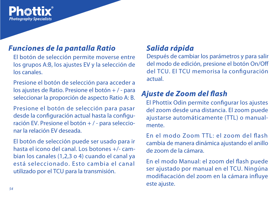 Funciones de la pantalla ratio, Ajuste de zoom del flash, Salida rápida | Phottix Odin for Sony User Manual | Page 54 / 118