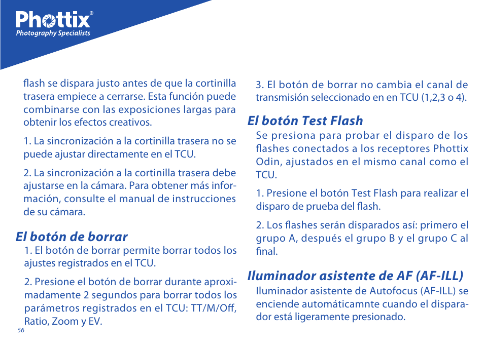 El botón test flash, Iluminador asistente de af (af-ill), El botón de borrar | Phottix Odin for Sony User Manual | Page 56 / 118