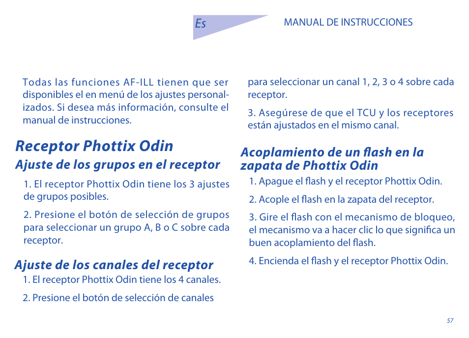 Receptor phottix odin, Ajuste de los canales del receptor, Ajuste de los grupos en el receptor es | Phottix Odin for Sony User Manual | Page 57 / 118