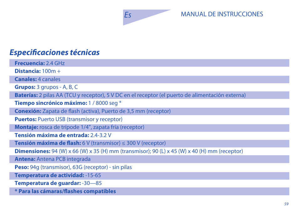 Especificaciones técnicas | Phottix Odin for Sony User Manual | Page 59 / 118