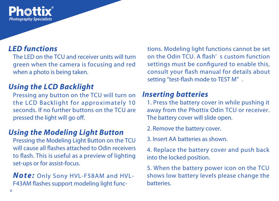 Led functions, Using the lcd backlight, Using the modeling light button | Inserting batteries | Phottix Odin for Sony User Manual | Page 6 / 118