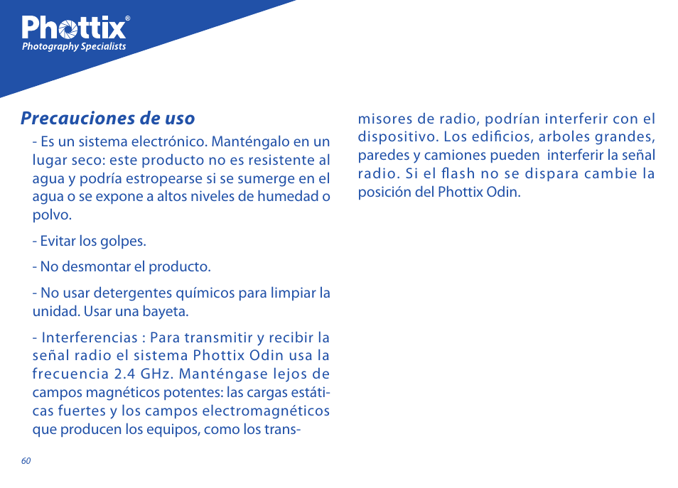 Precauciones de uso | Phottix Odin for Sony User Manual | Page 60 / 118