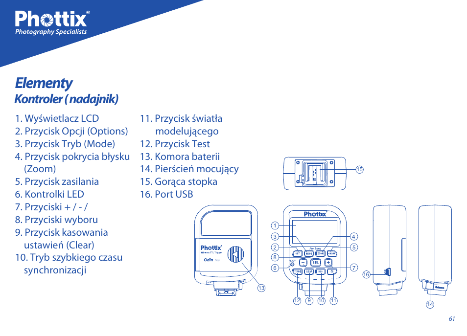 Elementy, Kontroler ( nadajnik) | Phottix Odin for Sony User Manual | Page 61 / 118