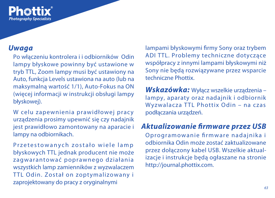 Uwaga, Aktualizowanie firmware przez usb, Wskazówka | Phottix Odin for Sony User Manual | Page 63 / 118