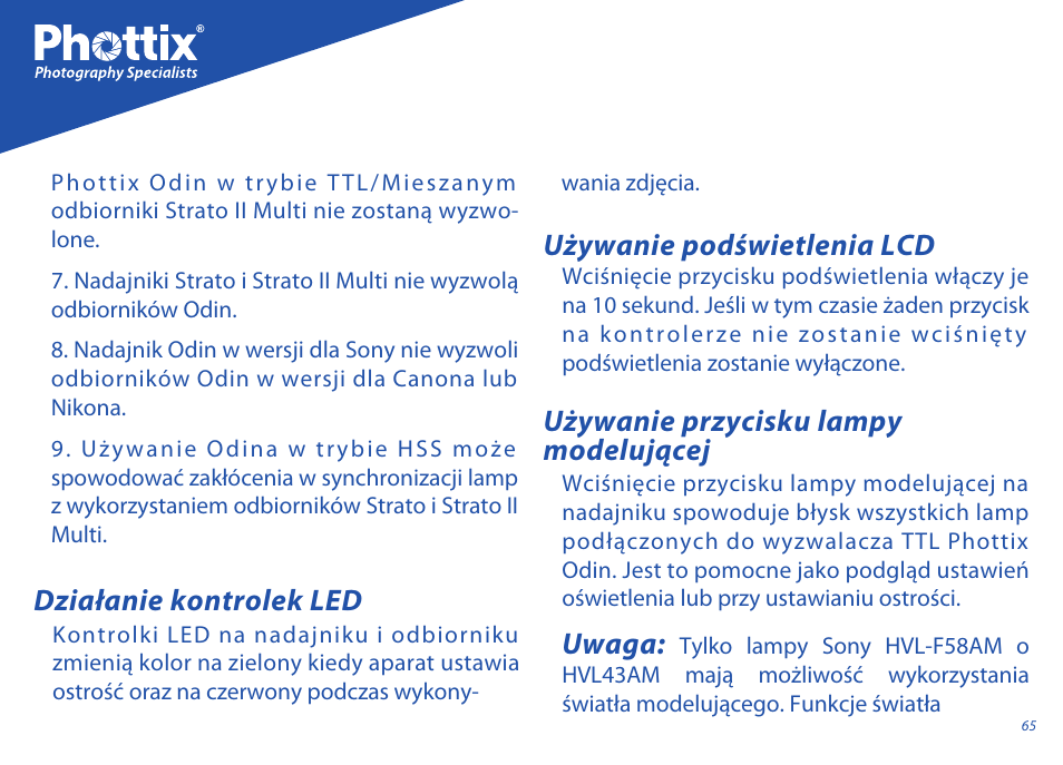 Działanie kontrolek led, Używanie podświetlenia lcd, Uwaga | Używanie przycisku lampy modelującej | Phottix Odin for Sony User Manual | Page 65 / 118