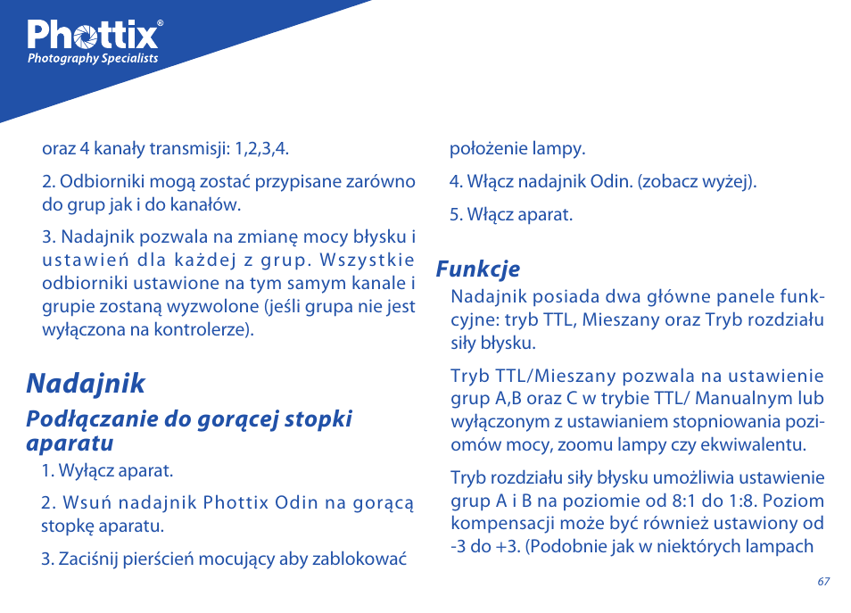 Nadajnik, Funkcje, Podłączanie do gorącej stopki aparatu | Phottix Odin for Sony User Manual | Page 67 / 118