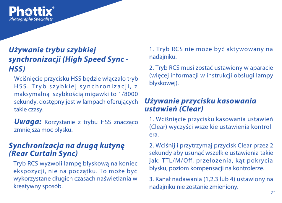 Uwaga | Phottix Odin for Sony User Manual | Page 71 / 118