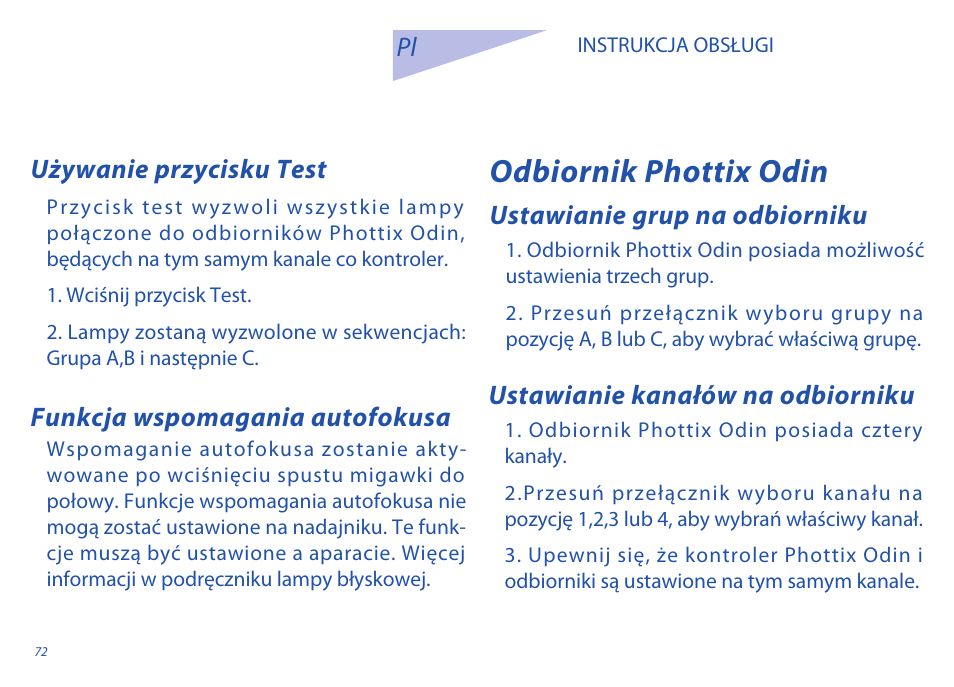 Odbiornik phottix odin, Używanie przycisku test, Ustawianie grup na odbiorniku | Funkcja wspomagania autofokusa, Ustawianie kanałów na odbiorniku | Phottix Odin for Sony User Manual | Page 72 / 118