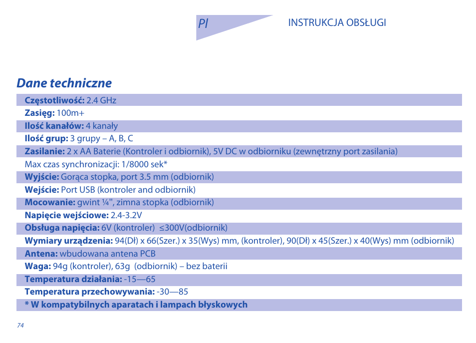 Dane techniczne | Phottix Odin for Sony User Manual | Page 74 / 118