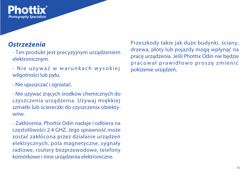 Ostrzeżenia | Phottix Odin for Sony User Manual | Page 75 / 118