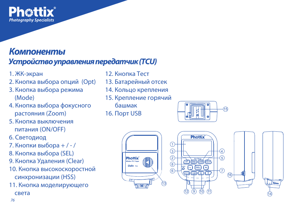 Компоненты, Устройство управления передатчик (tcu) | Phottix Odin for Sony User Manual | Page 76 / 118