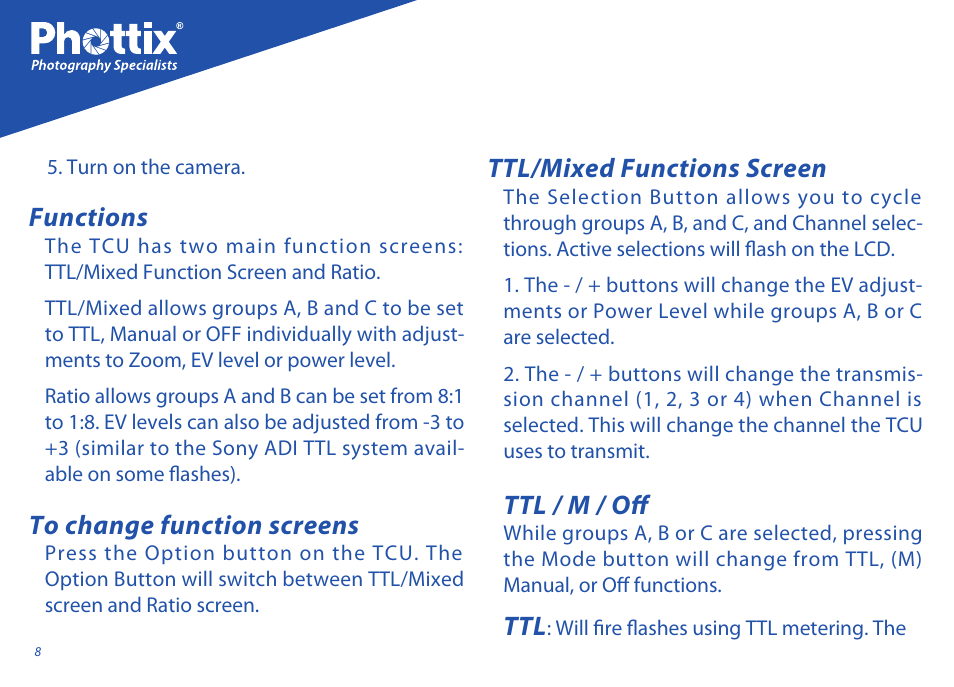 Functions, Ttl/mixed functions screen, Ttl / m / off | Phottix Odin for Sony User Manual | Page 8 / 118