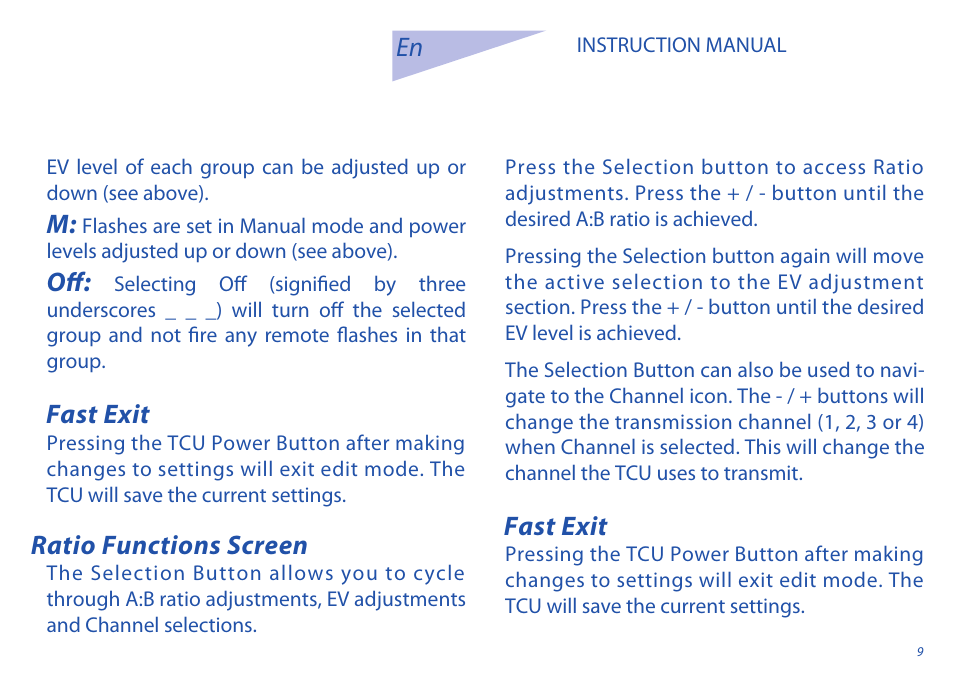 Fast exit, Ratio functions screen | Phottix Odin for Sony User Manual | Page 9 / 118