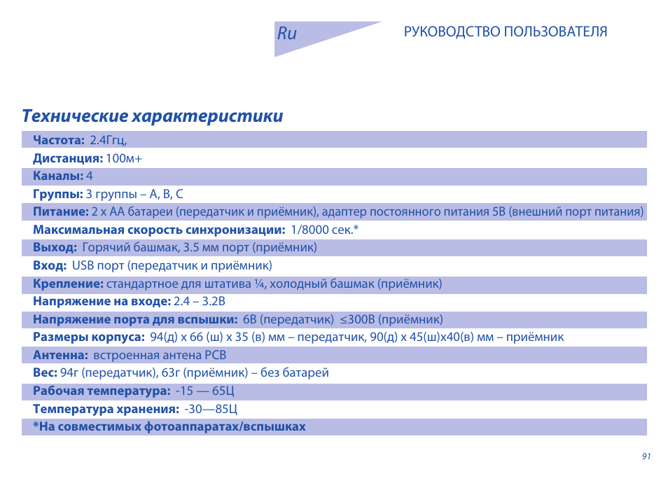 Технические характеристики | Phottix Odin for Sony User Manual | Page 91 / 118